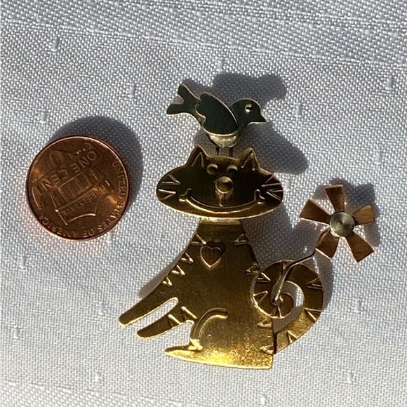 Cat Bird Figure Tri-tone Artisan Brooch Pin - Picture 4 of 16